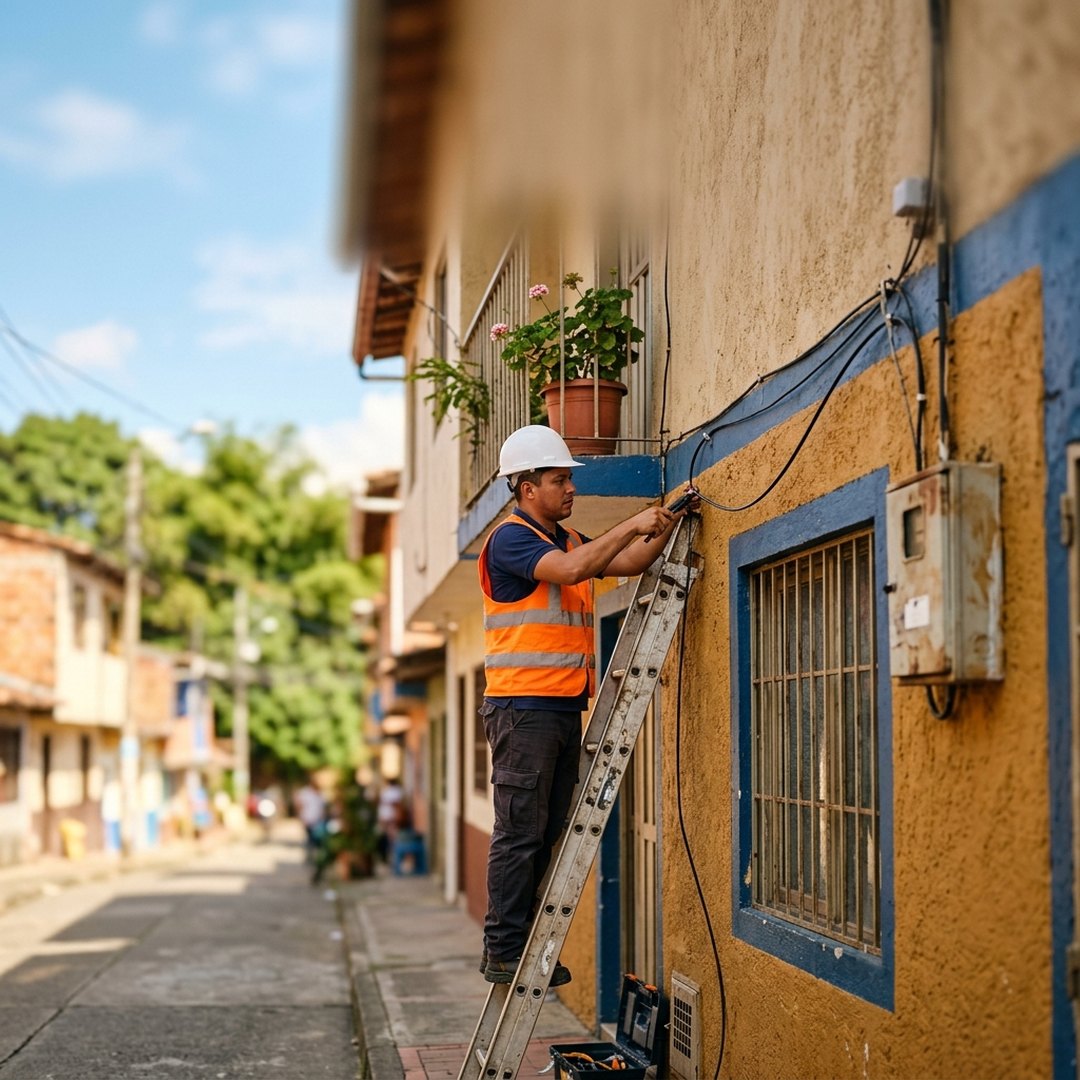 Técnico instalando fibra óptica en la fachada de una casa de barrio